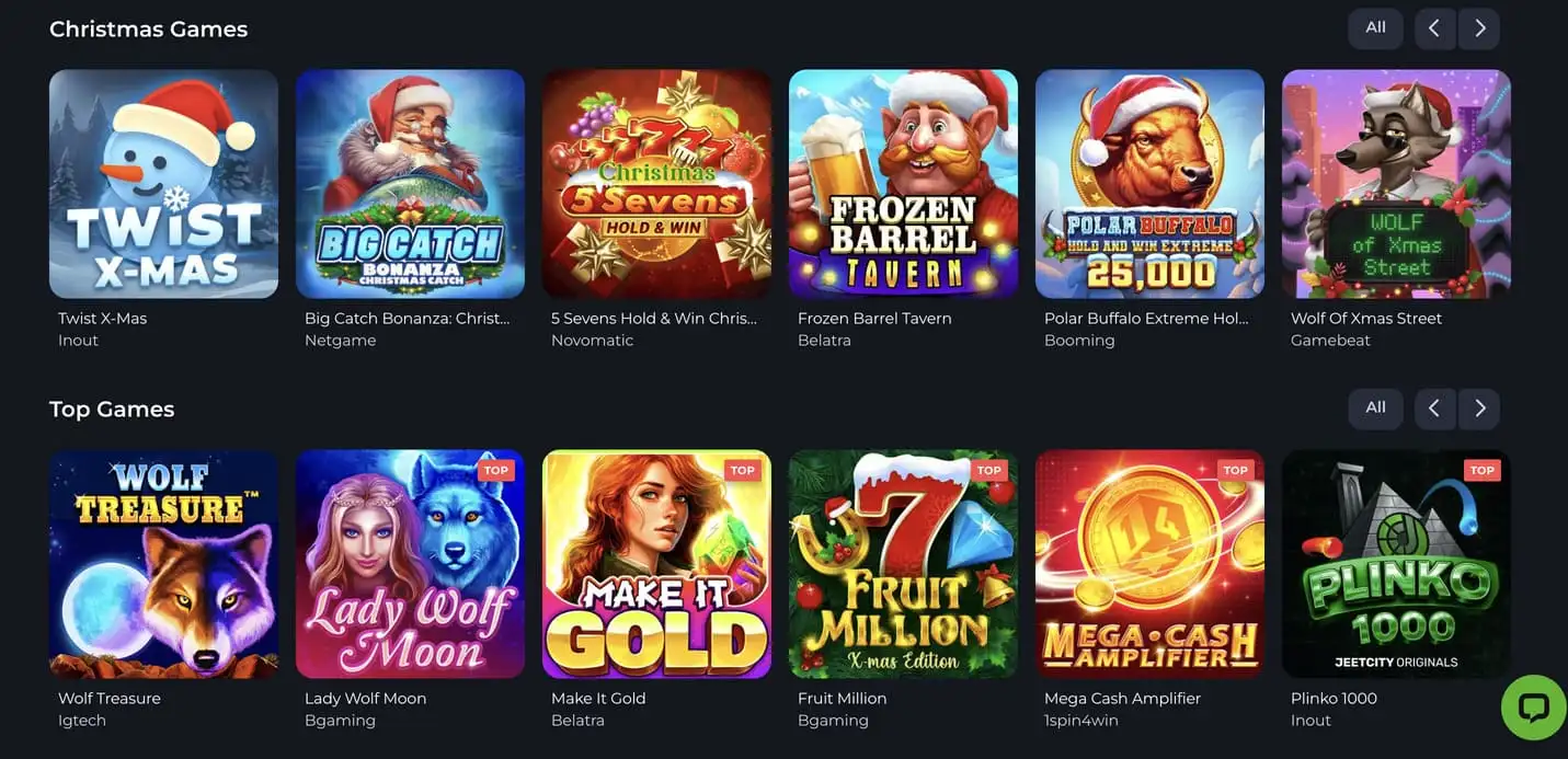 JeetCity games page with online casino slots and table games